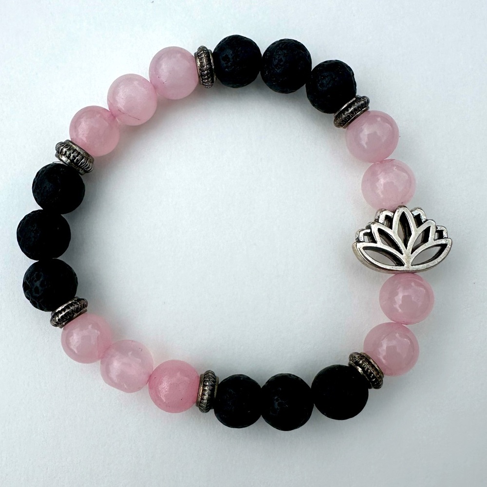 Lotus Flower Rose Quartz and Lava Stone Essential Oil Diffuser Bracelet